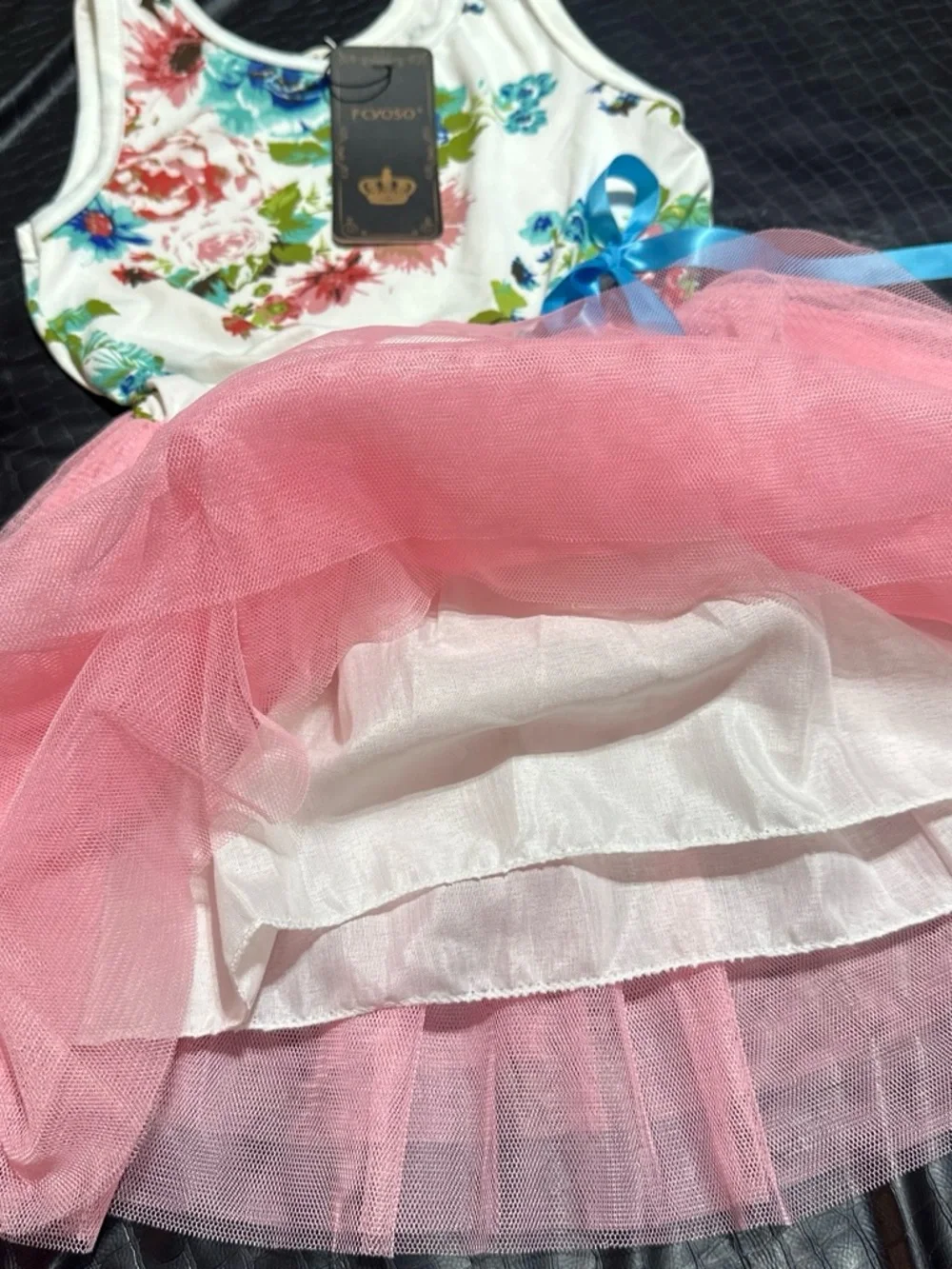 Floral Tank Dress with Pink Tulle Skirt and Blue Ribbon